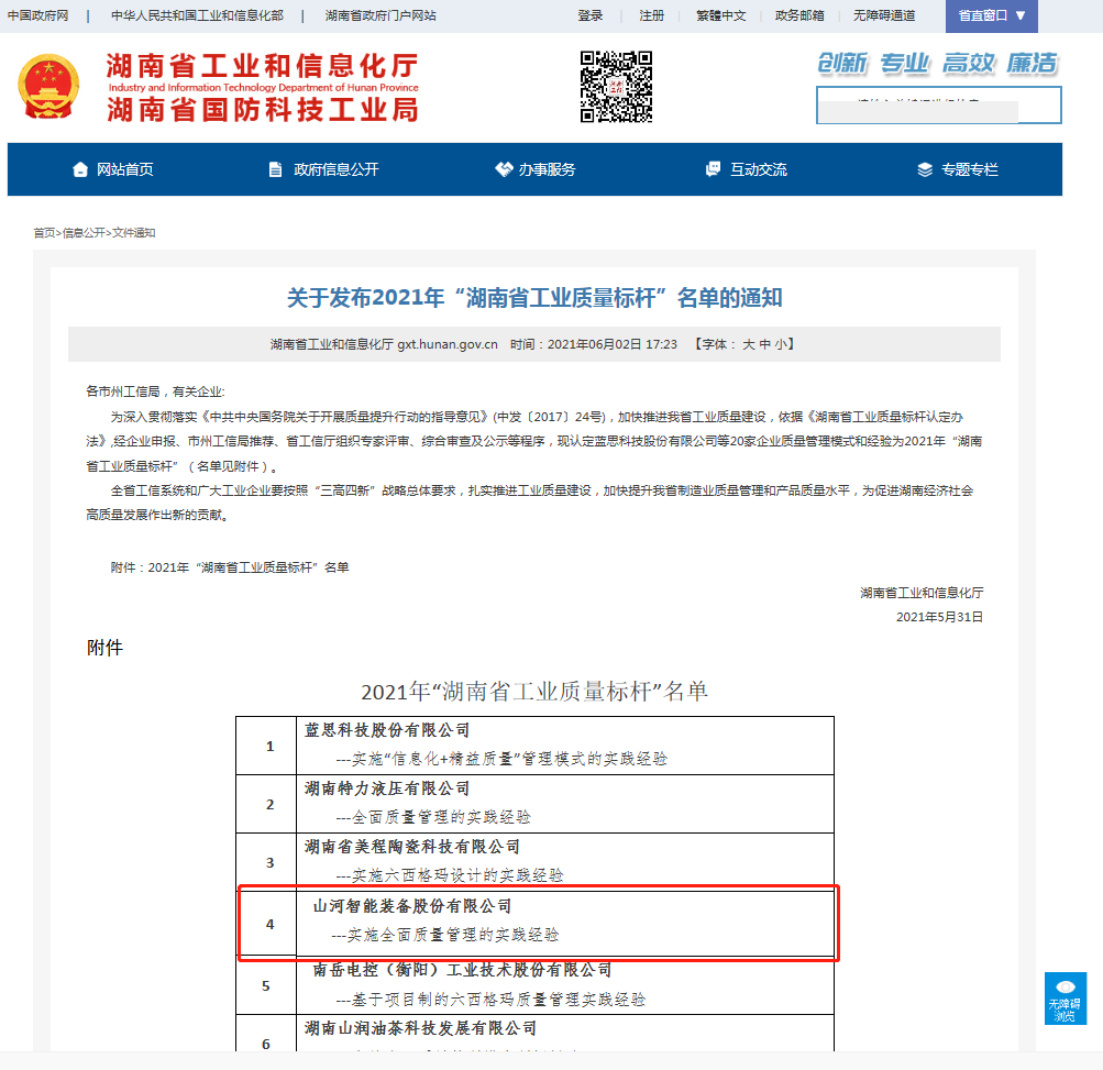 xingkong星空平台（中国）集团智能荣获湖南省工业质量标杆企业